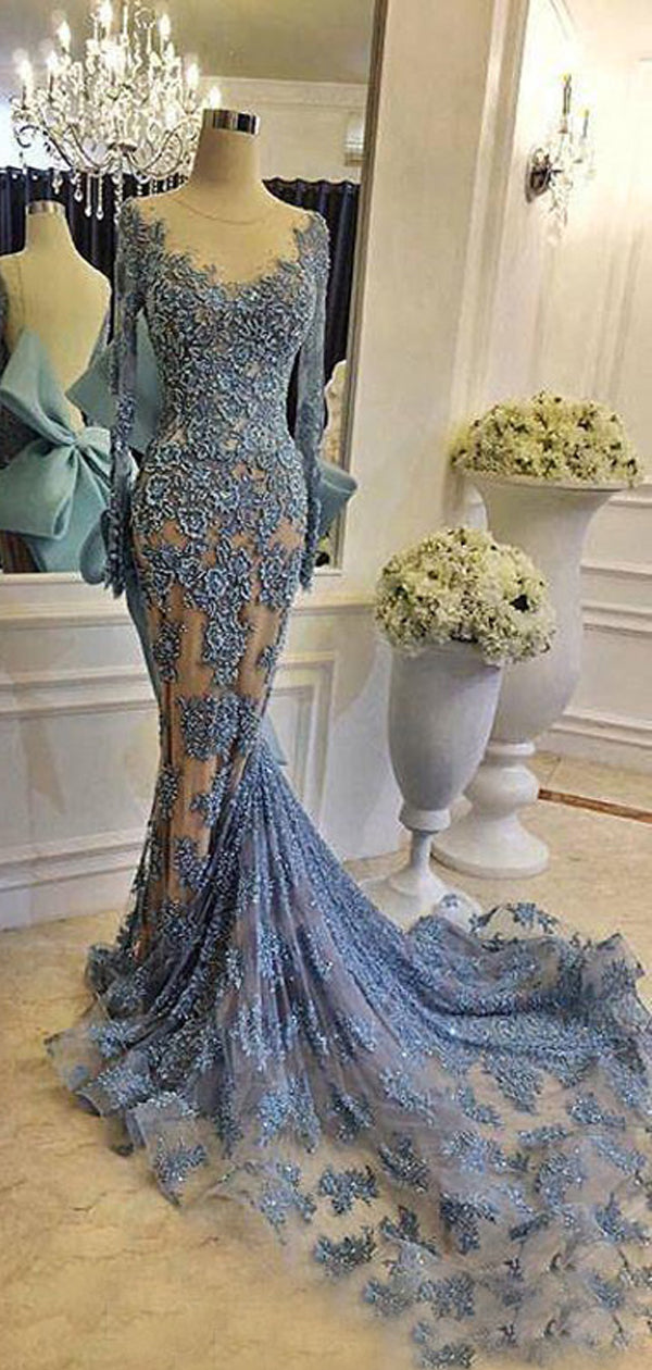 Sky Blue Lace Long Sleeve Mermaid Bowknot Prom Dresses, DB1094 DaintyBridal Sky Blue Lace Long Sleeve Mermaid Bowknot Prom Dresses, DB1094 DaintyBridal