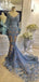 Sky Blue Lace Long Sleeve Mermaid Bowknot Prom Dresses, DB1094