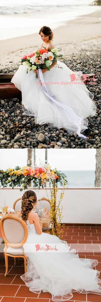 Spaghetti Straps Lace Top Tulle V-neck Beach Wedding Dresses,DB0135