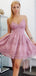Sparkly Pink Lace Spaghetti Strap V-neck Homecoming Dresses,BD0191