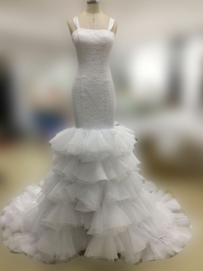 Simple Design  Sexy Mermaid  Spaghetti Strap White Organza Ruffles Chapel Trailing Wedding Party Dresses, WD0022