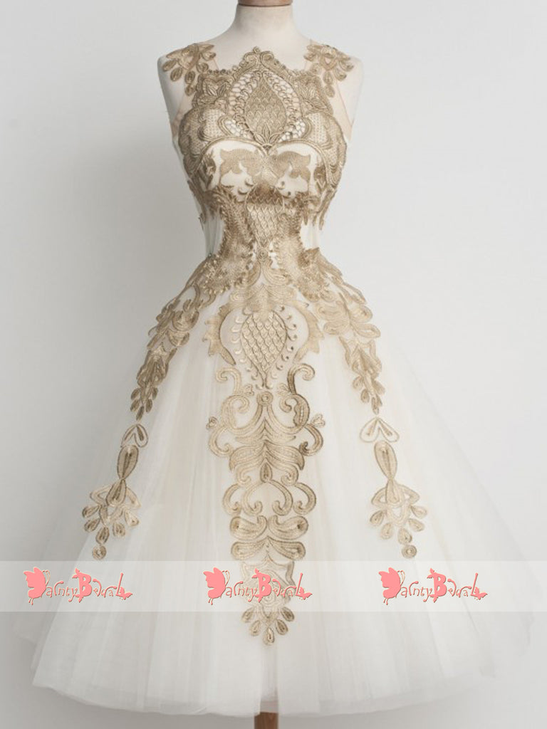 Stunning Gold Lace Appliques Ivory Tulle Sleeveless Homecoming Dresses,BD0150