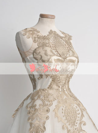 Stunning Gold Lace Appliques Ivory Tulle Sleeveless Homecoming Dresses,BD0150