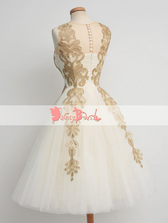 Stunning Gold Lace Appliques Ivory Tulle Sleeveless Homecoming Dresses,BD0150