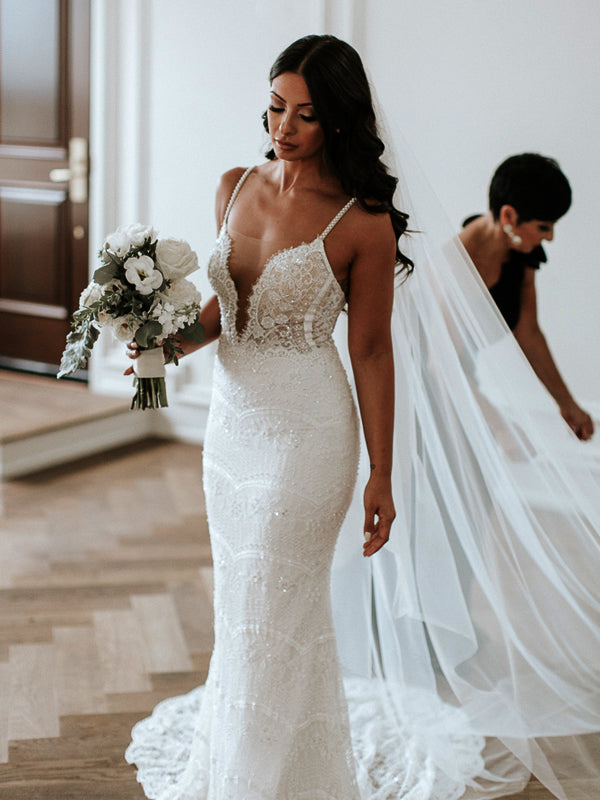 Stunning Lace Shiny Beads Spaghetti Strap Mermaid Fashion Wedding Dres DaintyBridal Stunning Lace Shiny Beads Spaghetti Strap Mermaid Fashion Wedding Dres DaintyBridal