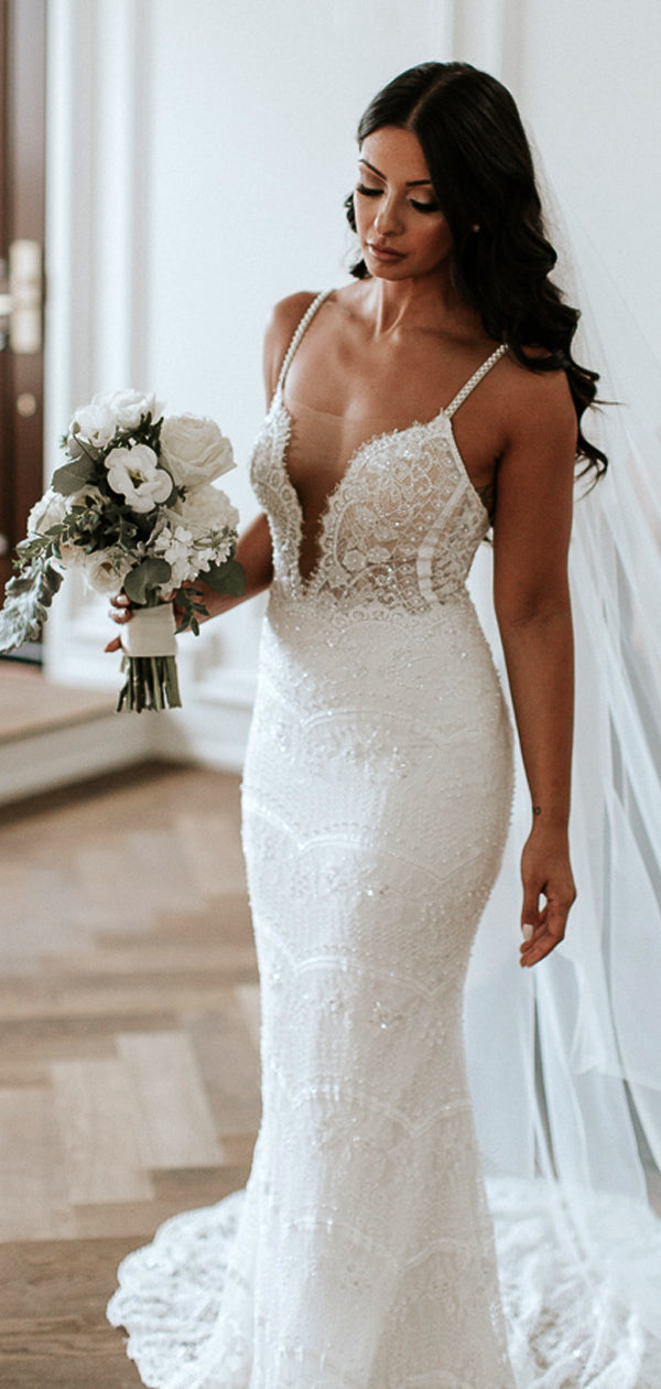 spaghetti strap mermaid wedding dress Mermaid Spaghetti Straps Backless Ivory Lace Wedding Dress TN163 Tirdress