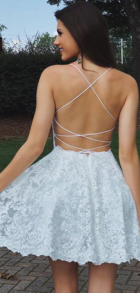 Stunning Lace Spaghetti Strap Lace Up Back Backless Homecoming Dresses,BD0188
