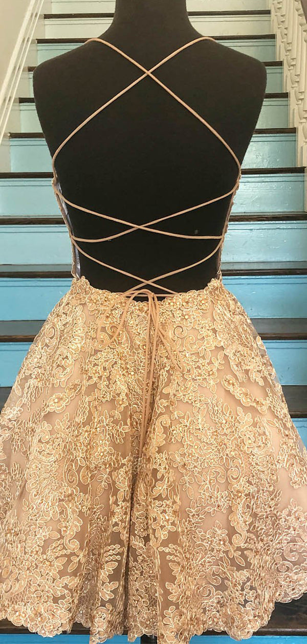 Stunning Lace Spaghetti Strap Lace Up Back Backless Homecoming Dresses DaintyBridal Stunning Lace Spaghetti Strap Lace Up Back Backless Homecoming Dresses DaintyBridal