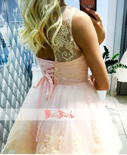 Sweet Pink Lace See Through Open Back Homecoming Dresses ,BD0165
