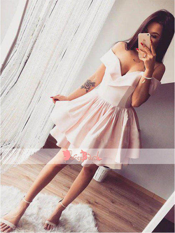 Sweet Pink Popular Off Shoulder Tiered Bottom Simple Cheap Homecoming Dresses,BD0159
