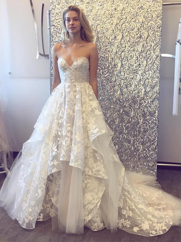 Sweetheart Strapless Lace Tulle Ruffles With Train Wedding Dresses,DB0161