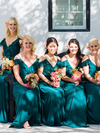 Teal Chiffon Saghetti Strap Off Shoulder Long Bridesmaid Dresses,DB144