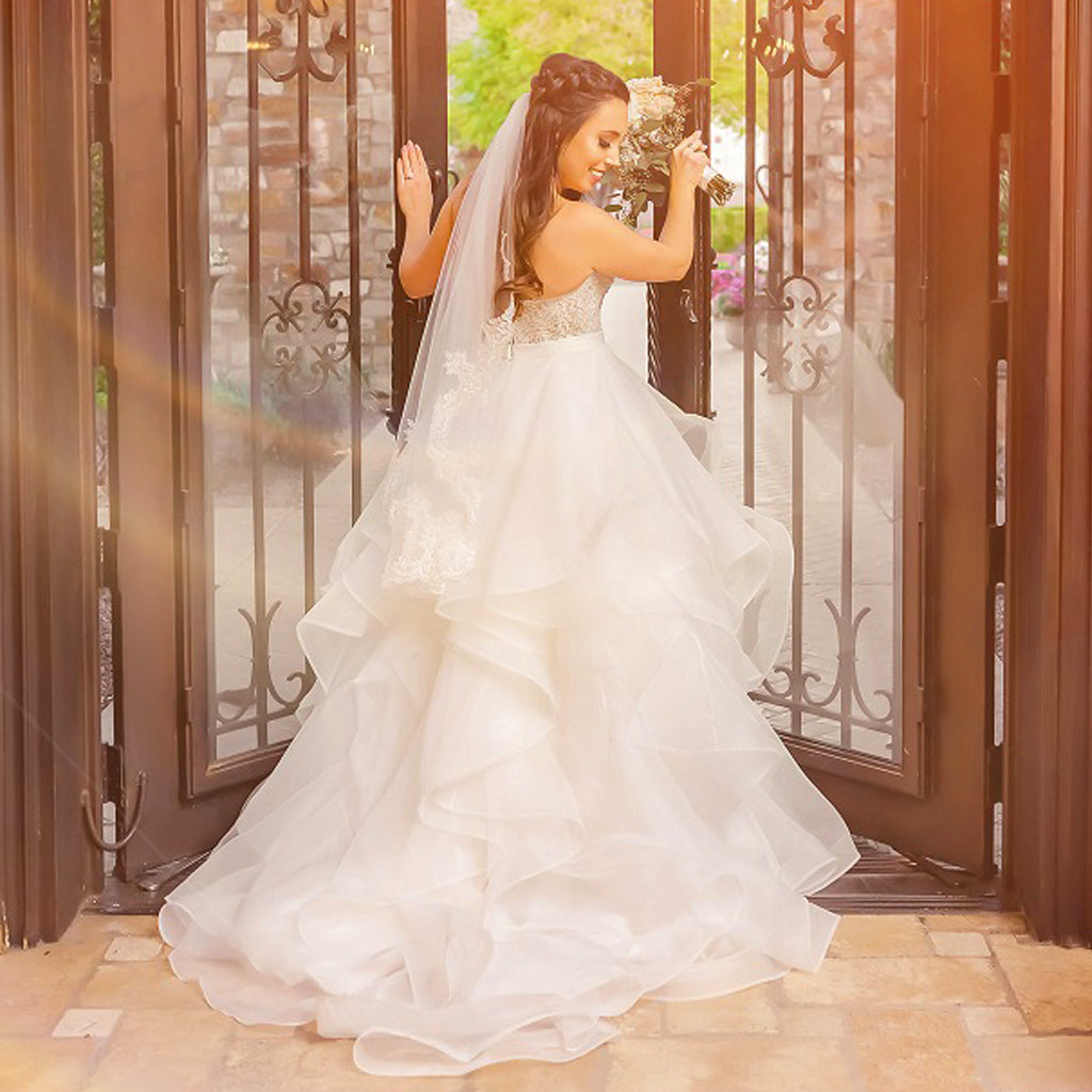 Charming Lace Sweetheart Strapless Gorgeous Organza Ruffles Ball Gown  Long Wedding Dress,DB095