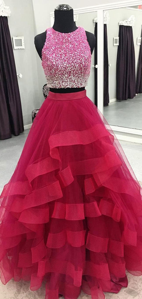 Two Piece Beading Red Ruffles Ball Gown Prom Dresses, DB1099
