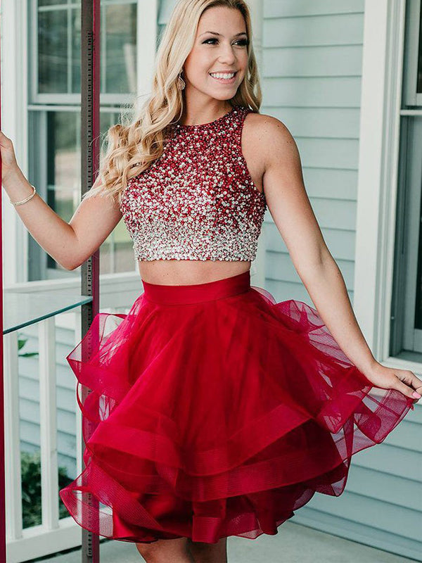 Two Piece Beading Top Red Tulle Fashion Homecoming Dresses,BD0196