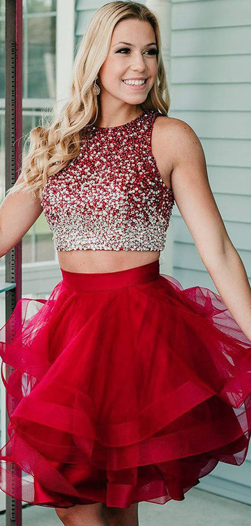 Two Piece Beading Top Red Tulle Fashion Homecoming Dresses,BD0196