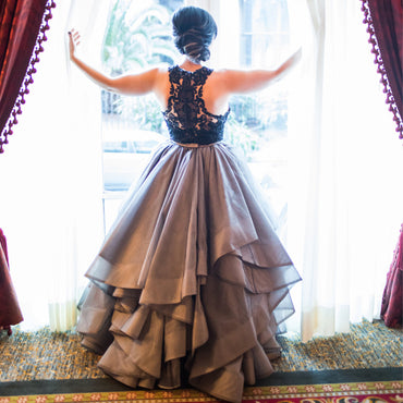 Two Piece Black Lace With Sequin Grey Organza Ruffles Ball Gown Wedding Dresses,  WD0097