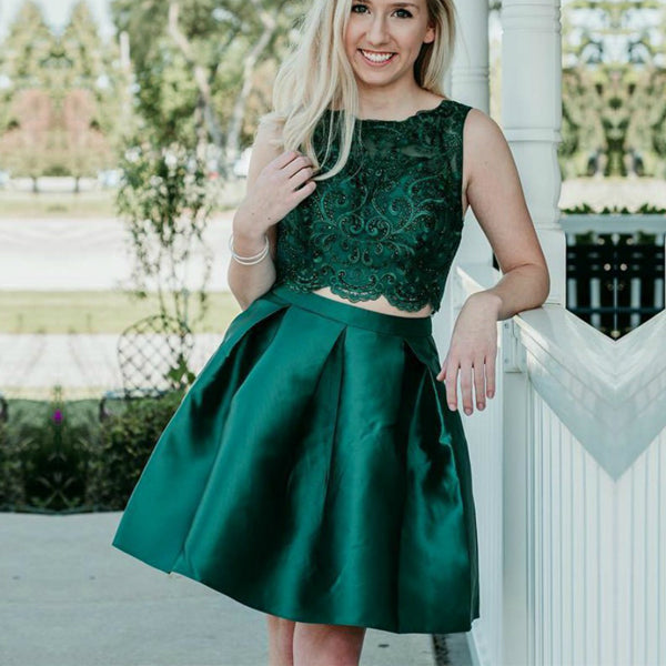 Two Piece Dark Green Beaded Lace Soft Satin Sleeveless Homecoming Dres DaintyBridal Two Piece Dark Green Beaded Lace Soft Satin Sleeveless Homecoming Dres DaintyBridal