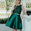 Two Piece Dark Green Beaded Lace Soft Satin Sleeveless Homecoming Dresses,BD00130