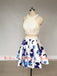 Two Piece Ivory Beads Top Floral Prints Open Back Junior Homecoming Dresses,BD0163