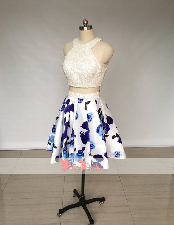 Two Piece Ivory Beads Top Floral Prints Open Back Junior Homecoming Dresses,BD0163