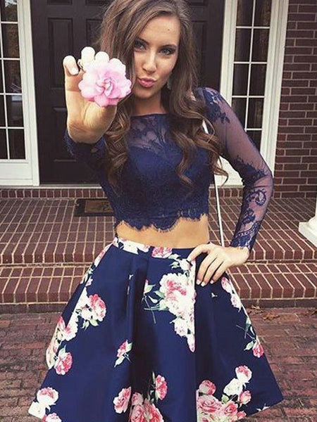 Two Piece Navy Lace Floral Satin Long Sleeve V-back Homecoming Dresses DaintyBridal Two Piece Navy Lace Floral Satin Long Sleeve V-back Homecoming Dresses DaintyBridal
