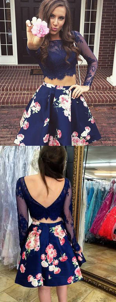 Two Piece Navy Lace Floral Satin Long Sleeve V-back Homecoming Dresses ,BD0193