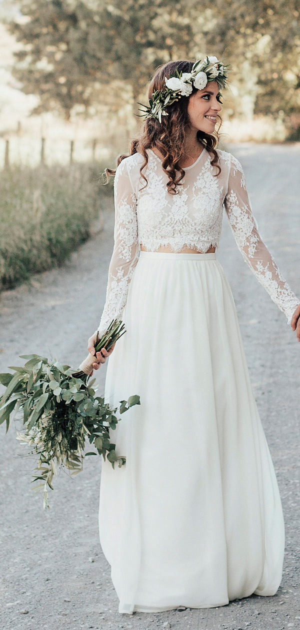 Two Piece See Through Lace Top Long Sleeve Ivory Chiffon Wedding Dress DaintyBridal Two Piece See Through Lace Top Long Sleeve Ivory Chiffon Wedding Dress DaintyBridal