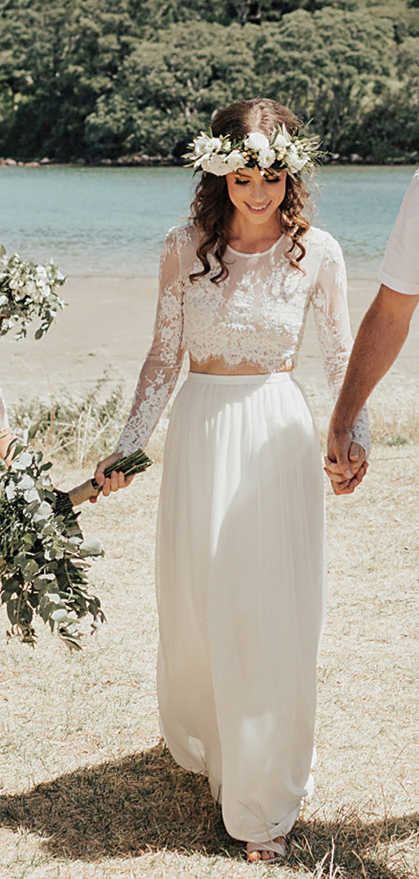 Two Piece See Through Lace Top Long Sleeve Ivory Chiffon Wedding Dress DaintyBridal Two Piece See Through Lace Top Long Sleeve Ivory Chiffon Wedding Dress DaintyBridal