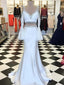 Two Piece White Satin Beading Long Sleeve Mermaid prom Dresses, DB1103