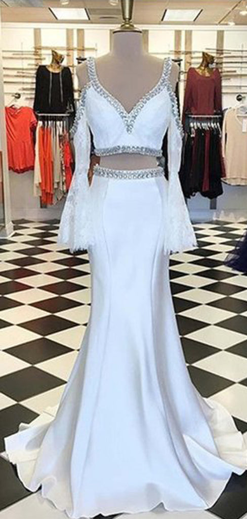 Two Piece White Satin Beading Long Sleeve Mermaid prom Dresses, DB1103
