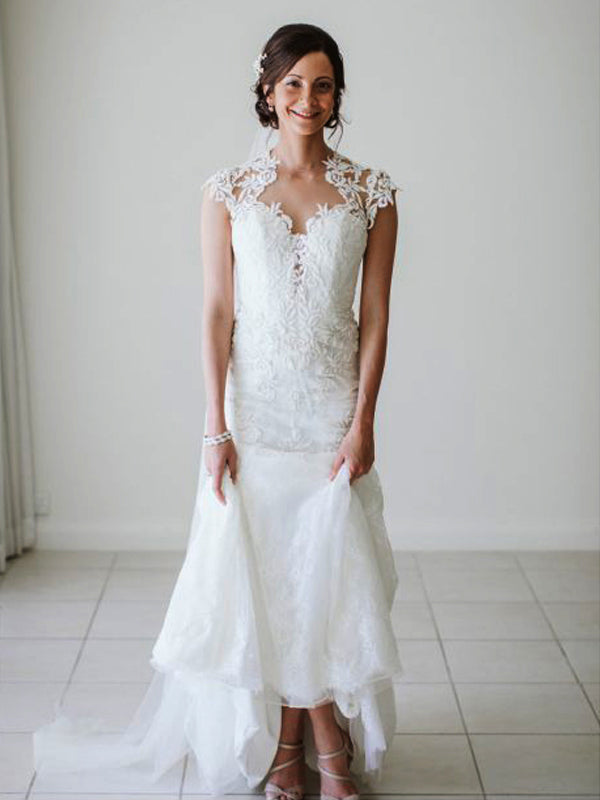 Vintage Lace Cap Sleeve See Through Back Wedding Dresses,DB0175