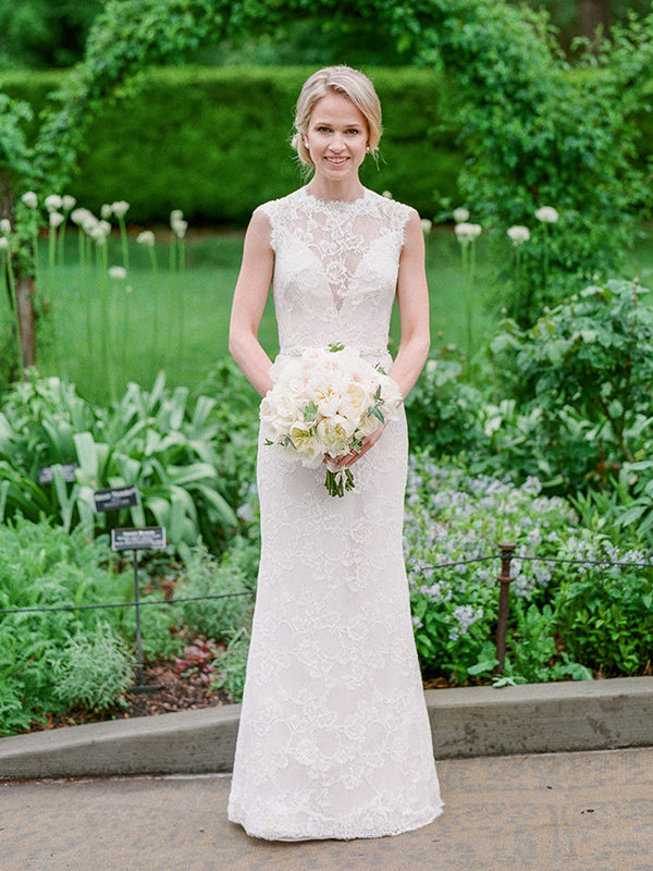 Vintage Lace Cap Sleeve See Through Neckline Sheath Wedding Dresses,DB DaintyBridal Vintage Lace Cap Sleeve See Through Neckline Sheath Wedding Dresses,DB DaintyBridal