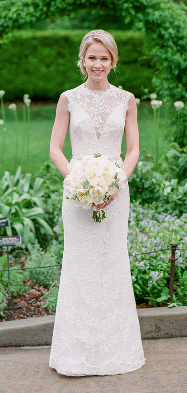 Vintage Lace Cap Sleeve See Through Neckline Sheath Wedding Dresses,DB DaintyBridal Vintage Lace Cap Sleeve See Through Neckline Sheath Wedding Dresses,DB DaintyBridal