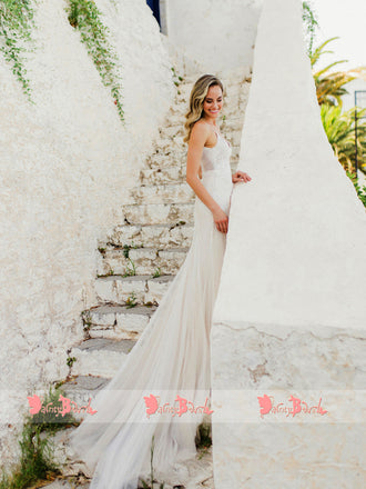 Vintage Lace Tulle Spaghetti Straps Mermaid V-neck Wedding Dresses,DB0148