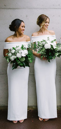 White Jersey Off Shoulder Sheath Simple Long Bridesmaid Dresses ,DB130
