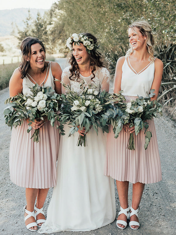 White Jersey Top Light Pink Chiffon Knee Length Short Bridesmaid Dress DaintyBridal White Jersey Top Light Pink Chiffon Knee Length Short Bridesmaid Dress DaintyBridal