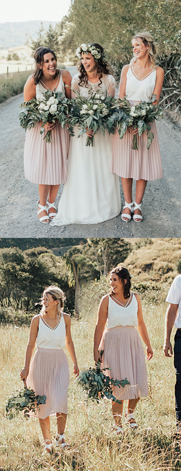 White Jersey Top Light Pink Chiffon Knee Length Short Bridesmaid Dress DaintyBridal White Jersey Top Light Pink Chiffon Knee Length Short Bridesmaid Dress DaintyBridal