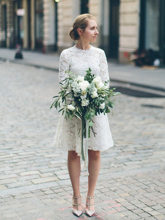 White Lace Long Sleeve Sheath Vintage Short Wedding Dresses,DB0182