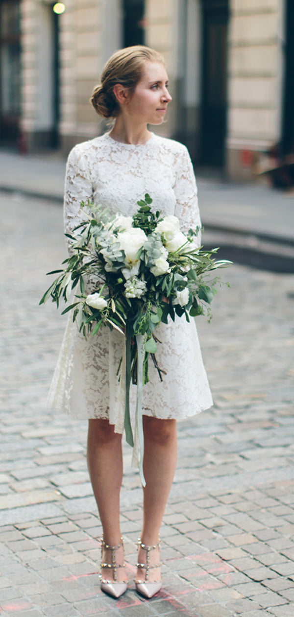 vintage short wedding dress White Lace Long Sleeve Sheath Vintage Short Wedding Dresses,DB0182 – DaintyBridal