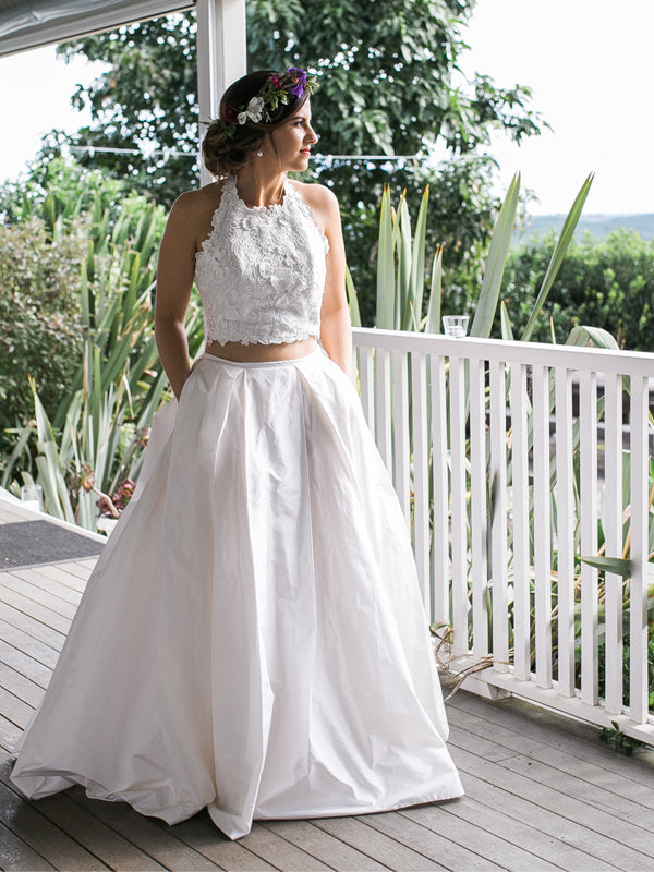 White Lace Satin Two Piece Halter With Pocket Wedding Dresses ,DB0178 DaintyBridal White Lace Satin Two Piece Halter With Pocket Wedding Dresses ,DB0178 DaintyBridal