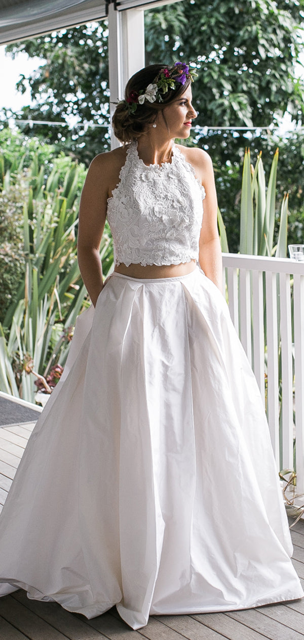 halter wedding dress with pockets High-Neck Satin A-Line Wedding Dress with Pockets