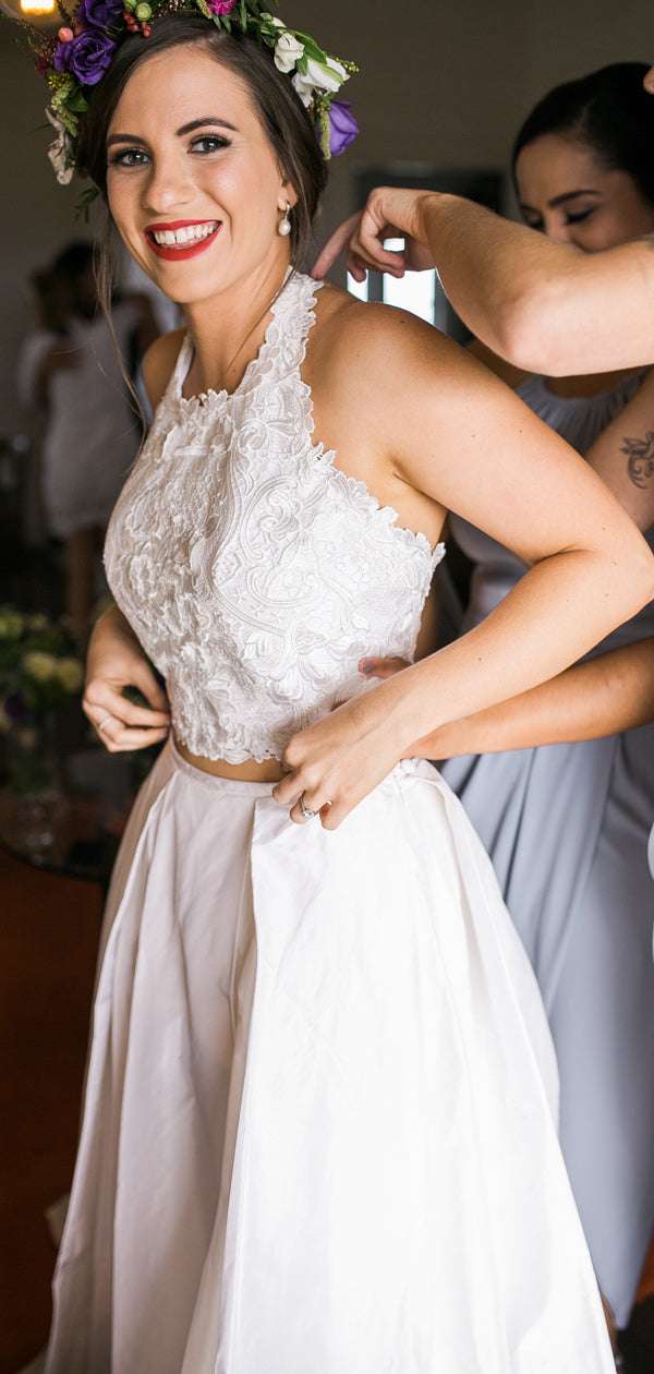 White Lace Satin Two Piece Halter With Pocket Wedding Dresses ,DB0178 DaintyBridal White Lace Satin Two Piece Halter With Pocket Wedding Dresses ,DB0178 DaintyBridal
