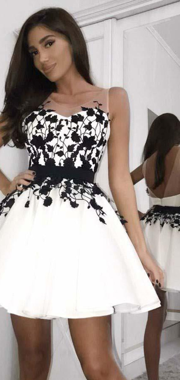White Satin Black Lace Illusion Strap Sleeveless Homecoming Dresses,BD DaintyBridal White Satin Black Lace Illusion Strap Sleeveless Homecoming Dresses,BD DaintyBridal