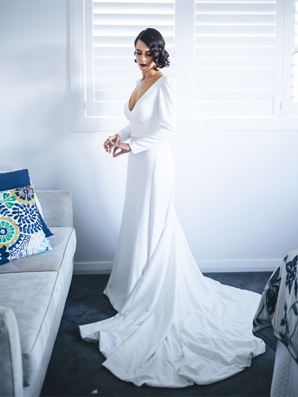 White Satin Long Sleeve V-neck With Train Simple Wedding Dresses,DB016 DaintyBridal White Satin Long Sleeve V-neck With Train Simple Wedding Dresses,DB016 DaintyBridal