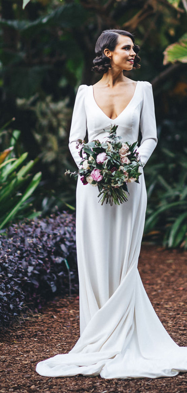 White Satin Long Sleeve V-neck With Train Simple Wedding Dresses,DB016 DaintyBridal White Satin Long Sleeve V-neck With Train Simple Wedding Dresses,DB016 DaintyBridal