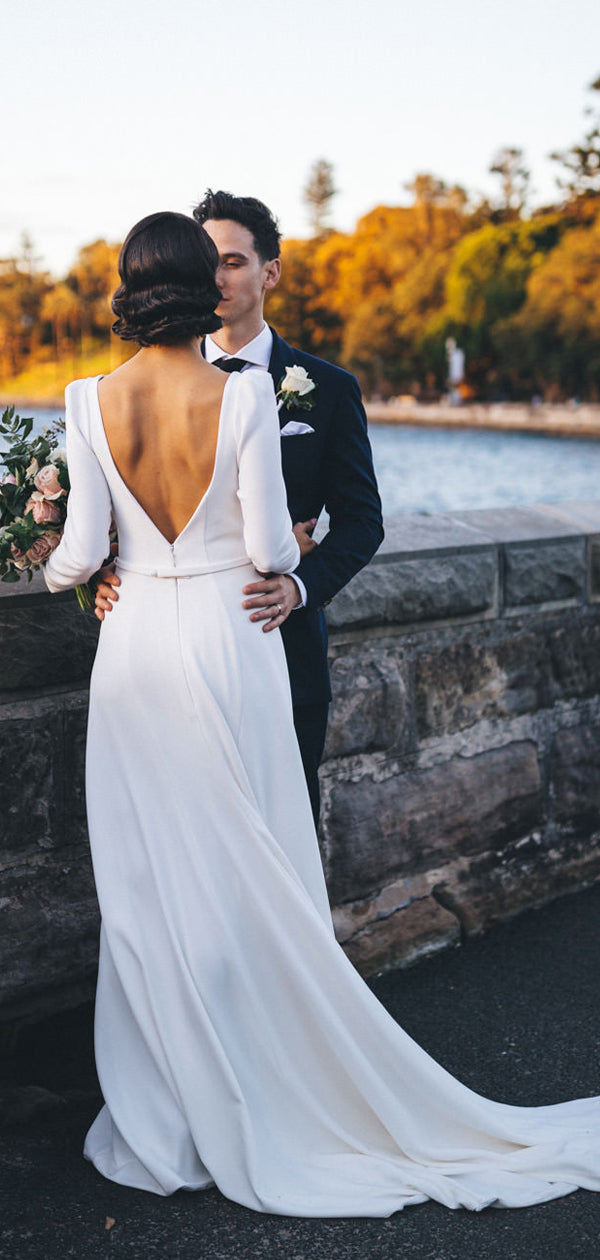 fitted lace wedding dress White Satin Long Sleeve V-neck With Train Simple Wedding Dresses,DB016 DaintyBridal fitted lace wedding dress White Satin Long Sleeve V-neck With Train Simple Wedding Dresses,DB016 DaintyBridal