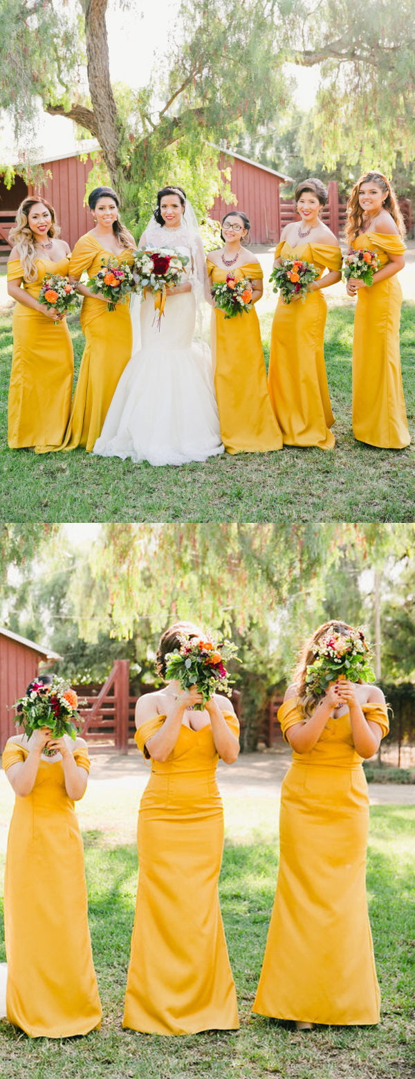 Yellow Pleating Off Shoulder Sheath Long Bridesmaid Dresses,DB120 – DaintyBridal