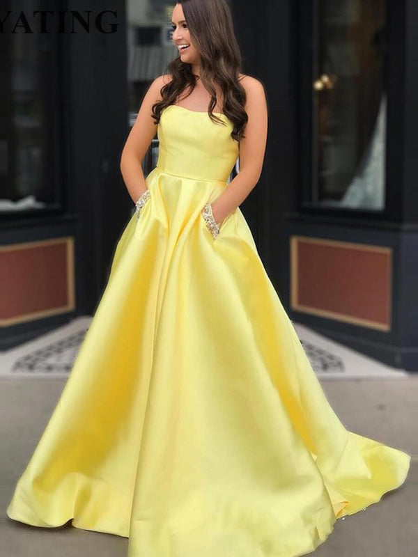 Yellow Satin Beaded Pockets Strapless Ball Gown Sweet-16 Prom Dresses, – DaintyBridal Yellow Satin Beaded Pockets Strapless Ball Gown Sweet-16 Prom Dresses, – DaintyBridal