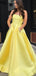 Yellow Satin Beaded Pockets Strapless Ball Gown Sweet-16 Prom Dresses, DB1123